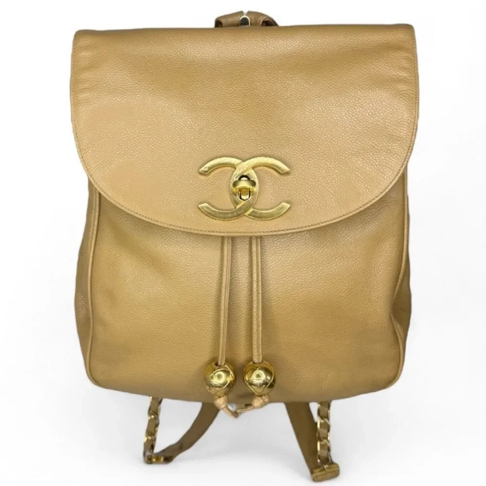 CHANEL Vintage Tan CC Logo Caviar Leather Backpack